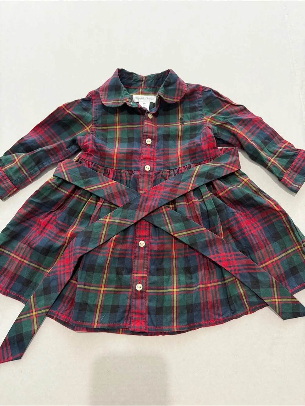 Ralph Lauren Girls 6M Cotton Plaid Button-Down Dress Top in Red & Green